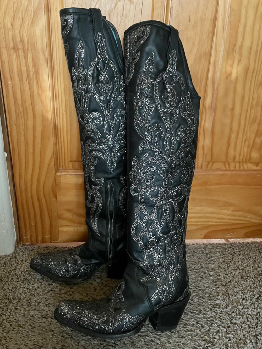 Corral Black Knee-High Heeled Boots with Silver Glitter Embroidery